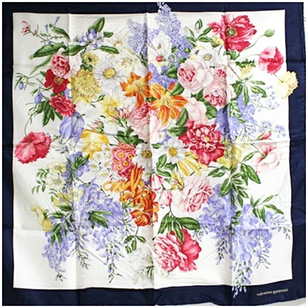 ヴァレンチノガラヴァーニ 未使用 シルク スカーフ ホワイト×ネイビー 花柄 中古 Sランク valentino garavani ｜レディース 女性 タグ付き 紙ケース付き 【送料無料】