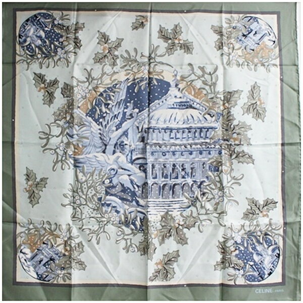 セリーヌ シルク スカーフ ライトブルー×グレー 中古 Aランク CELINE ｜レディース女性 【送料無料】