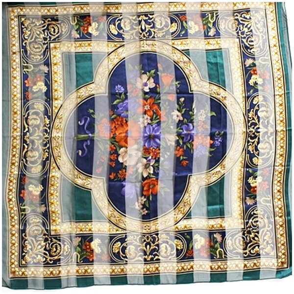 バレンシアガ シルク スカーフ グリーン×ネイビー 花柄 中古 Aランク BALENCIAGA｜レディース 女性 【ネコポス送料無料】