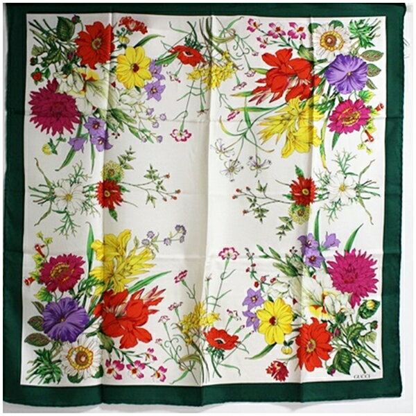 グッチ スカーフ フローラ柄 ホワイト×グリーン×レッド 中古 ABランク GUCCI｜レディース 女性 【送料無料】 【クリーニング済み】