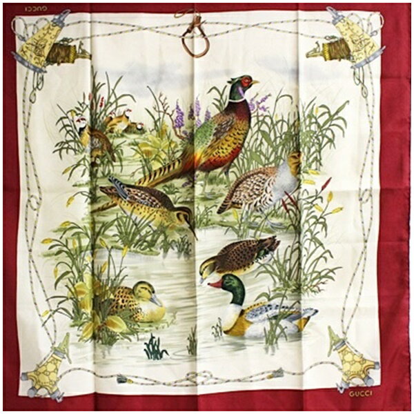 樂天商城 - グッチ シルク スカーフ アイボリー×レッド 鳥柄 中古 ABランク GUCCI ｜レディース 女性 【ネコポス送料無料】