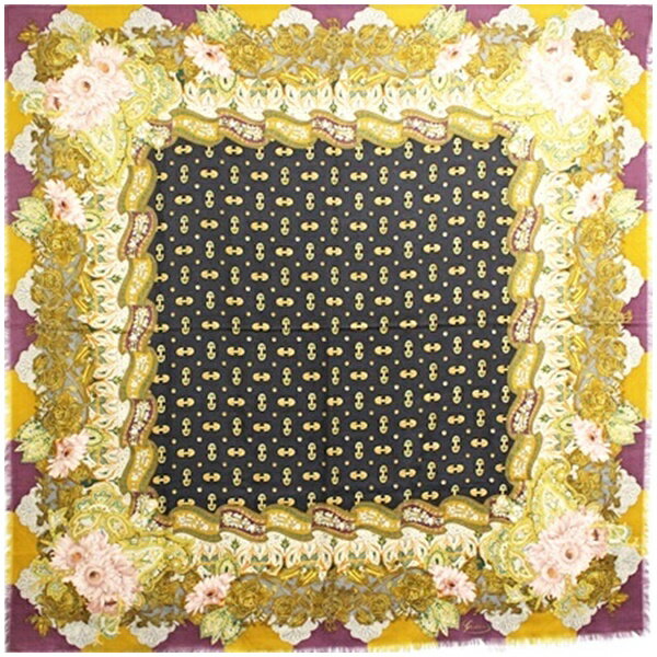 グッチ ウール×シルク 大判スカーフ ストール ブラック×マルチカラー 中古 Aランク GUCCI ｜レディース 女性 【送料無料】