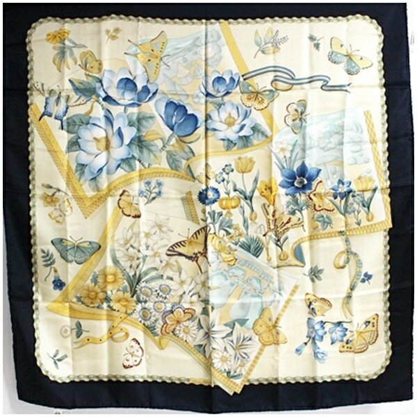 Silk - サルバトーレフェラガモ シルク スカーフ ネイビー×ベージュ 花・蝶柄 中古 ABランク Salvatore Ferragamo ｜レディース 女性 【ネコポス送料無料】