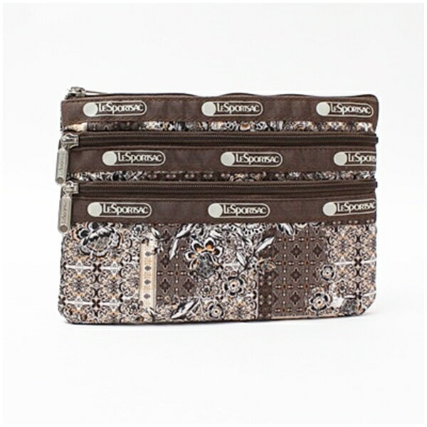 レスポートサック 未使用 3ジップ ポーチ 化粧ポーチ ブラウン×ホワイト 花柄 中古 Sランク LeSportsac｜女性 レディース ブランド 小物整理 3 ZIP コスメティックポーチ 【ネコポス送料無料】