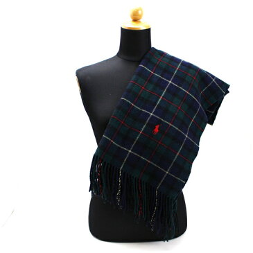 ポロ ラルフローレン ウール ひざ掛け グリーン×ネイビー チェック柄 142×82センチ 中古 ABランク POLO RALPH LAUREN | レディース 女性用 防寒 ストール【クリーニング済み】【ネコポス送料無料】