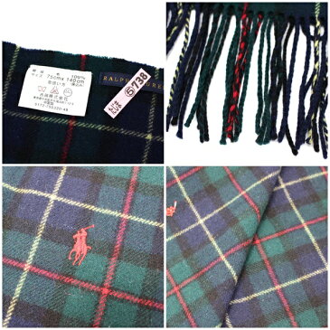 ポロ ラルフローレン ウール ひざ掛け グリーン×ネイビー チェック柄 142×82センチ 中古 ABランク POLO RALPH LAUREN | レディース 女性用 防寒 ストール【クリーニング済み】【ネコポス送料無料】