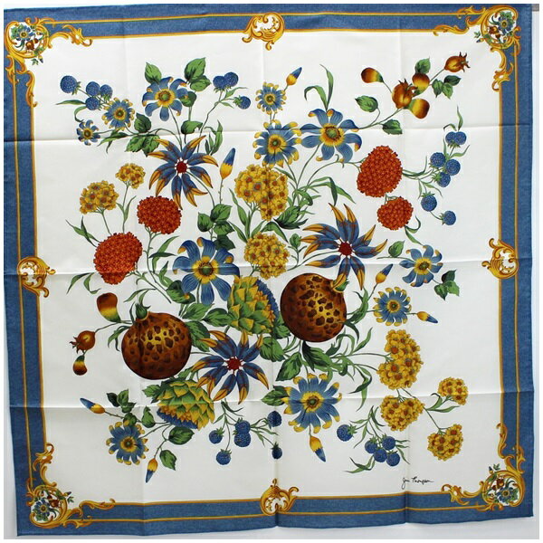 ジムトンプソン タイシルク スカーフ 未使用 ホワイト×マルチカラー 植物.果実柄 中古 Sランク Jim Thompson｜ レディース 女性用 カバー インテリア 紙ケース付き【ネコポス送料無料】のサムネイル