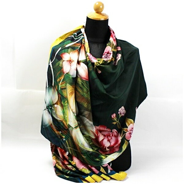 タイトゥアン 未使用 ストール 花柄 グリーン×マルチカラー 中古 Sランク THAI TUAN | レディース 女性 タグ付き 【ネコポス送料無料】
