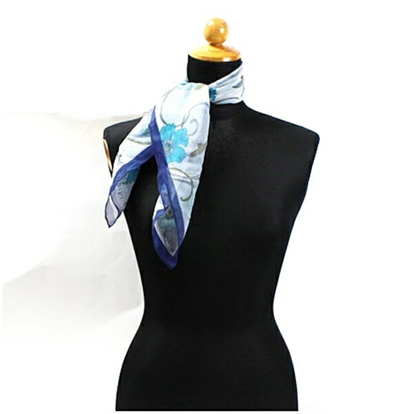 インディヴィ シルク スカーフ グリーン×ホワイト×ネイビー 花柄 中古 ABランク INDIVI｜レディース 女性用 【ネコポス送料無料】