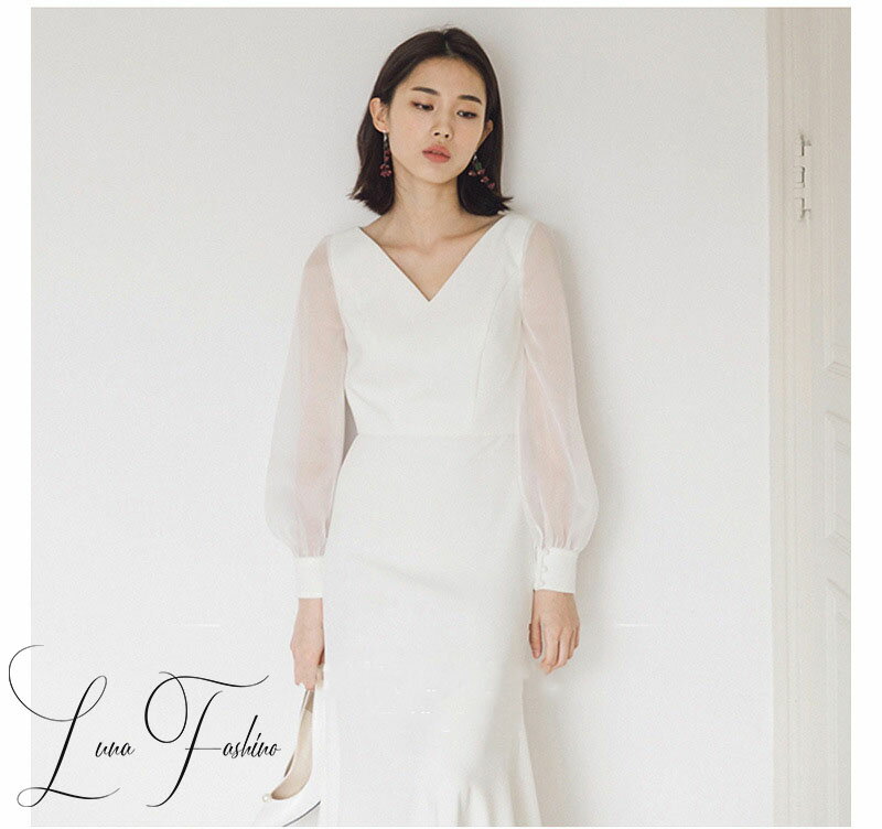 シースルーの軽やか袖付き ウェディングドレス 袖あり 人気の袖付 海外挙式や二次会に 花嫁ドレス ブライズメイドドレス ゲストドレス パーティーワンピース ウェディングドレス 二次会 演奏会(4)