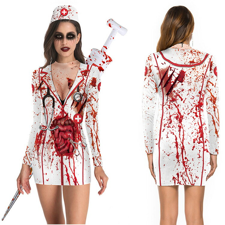 看護師とゾンビの組合せ 血液デザイン つなぎ服 ハロウィン コスプレ ハロウィン 仮装 大人 ハロウィン衣装 コスプレ衣装 レディース ハロウィーン 衣装 ガー...