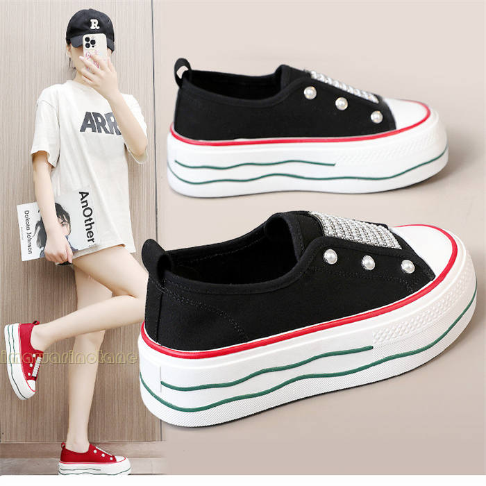 厚底スニーカー レディース シューズ キャンバススニーカー スリッポン 美脚 歩きやすい 無地 ローカット 軽量 レースアプシューズ カジュアル ガーリー系 か...