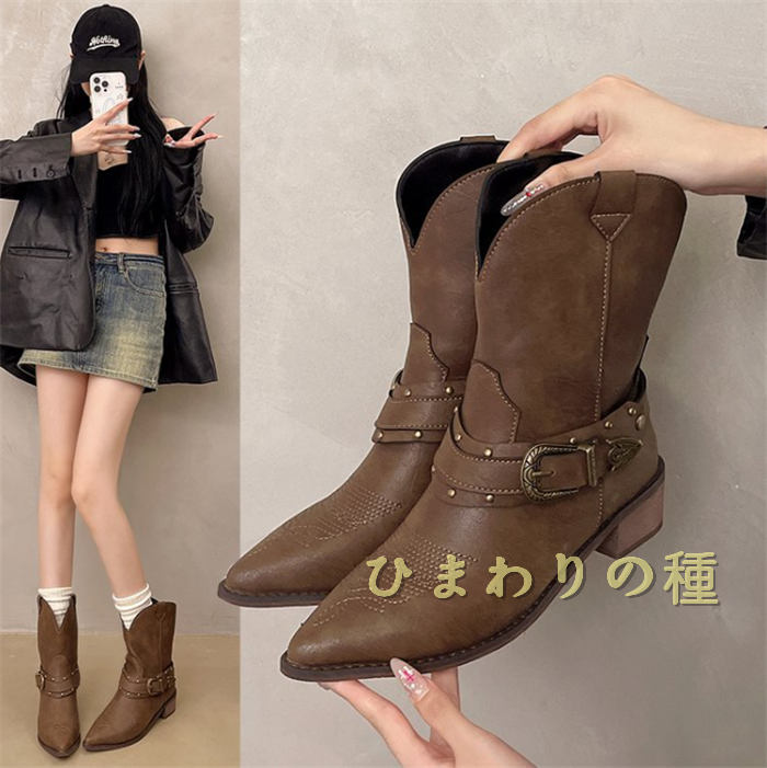 ウエスタンブーツ レディース 防寒ブーツ 革ブーツ ショートブーツ 太ヒール 疲れない ウェスタン 美脚 ミドル丈 チャンキーヒール
