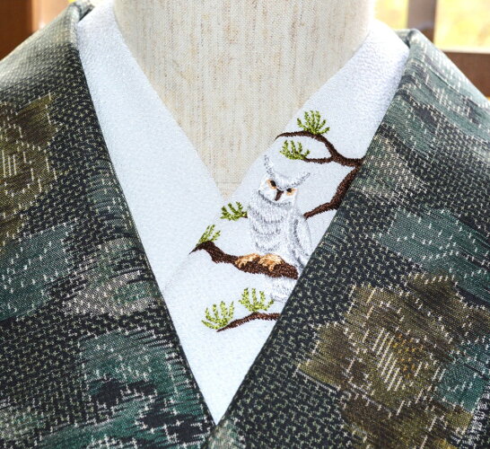 ★白ふくろう★刺繍半襟ひめ吉オリジナルデザイン☆シンプル鳥好き必須アイテム☆ワンポイント半襟