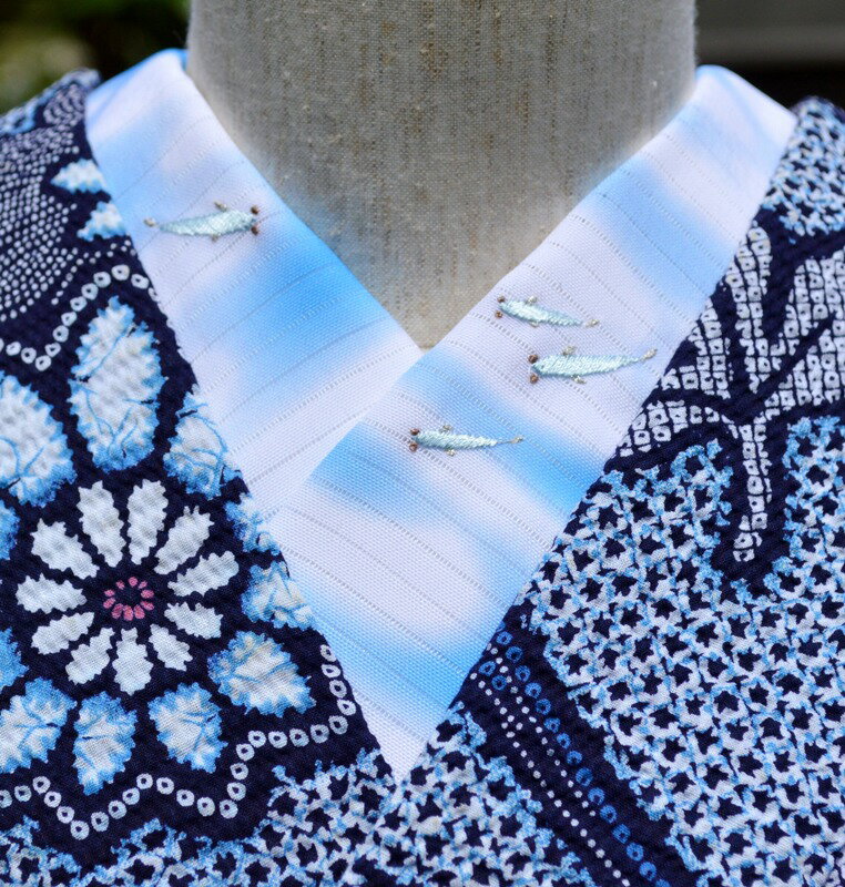 プリント＆刺繍半衿流水にめだか　絽☆刺繍　半衿　夏　ひめ吉オリジナルデザイン☆ゆうパケットは日時指..