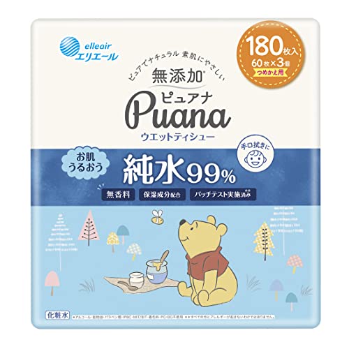 エリエール Puana(ピュアナ) 【無添加】 ウエットティシュー 純水99% つめかえ用 180枚(60枚×3パック) )ディズニーデザイン