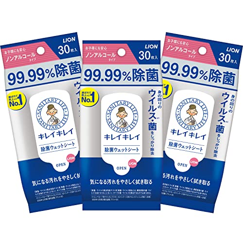 ◆商品名：【まとめ買い】キレイキレイ 99.99%除菌ウェットシート 30枚×3個パック ノンアルコールタイプ 商品サイズ(幅×奥行×高さ):240×37×180mm 原産国:日本 内容量:30枚×3 材質:レーヨン/PP/PE デリケートな肌にも使いやすいノンアルコール処方 身のまわり品に対して99.99%の除菌性能 大きめのメッシュシート 商品紹介 ノンアルコールタイプで99.99%除菌できる ナノイオン成分配合のキレイキレイ99.99%除菌ウェットシート ●ナノイオン成分配合で99.99%の高い除菌効果 ●ノンアルコール処方イヤなニオイもしないから、お子様にも安心して使える ●大きめメッシュシートで手指の汚れやべとつき、身の回りのすみずみまでふき取れる 使用上の注意 ●粘膜や目のまわりへの使用は避け、除毛直後や傷、はれもの、湿疹等、異常のあるときは使わない。 ●使用中または使用後、赤み、かゆみ、刺激等の異常が現れたときは使用を中止し、商品を持参し医師に相談する。 ●シートは水に溶けないので、水洗トイレには流さない。 ●高温になるところや、直射日光のあたる場所には置かない。 ●夏場は車内に放置せず、携帯する。 ●乳幼児や認知症の方の誤食等を防ぐため、置き場所に注意する。 原材料・成分 （一社）日本衛生材料工業連合会自主基準による表示 成分：水、PG、ベンザルコニウムクロリド、メチルパラベン、ココイルアルギニンエチルPCA、モモ葉エキス、EDTA-2Na シート材質：レーヨン/PP/PE 続きを見る