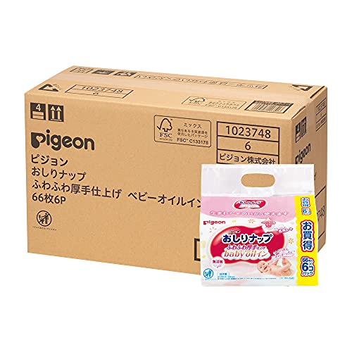 ◆商品名：【おしりふき 詰替用】ピジョン Pigeon おしりナップ ふわふわ厚手仕上げ ベビーオイルイン 66枚×6パック×6個入り[ケース品] 商品サイズ (幅×奥行×高さ) :50cm×22.5cm×30cm 内容量:66枚×6パック×6個 やさしいふき心地にこだわったピジョンおしりナップシリーズ 汚れになじんでこすらずつるんっ お肌を保護してうるおい守る。 ベビーオイルイン ふわふわ厚手仕上げのおしりふき。 ベビーオイルイン ふわふわ厚手仕上げのおしりふきの特長 ●ふんわりやさしい肌ざわり ●ピジョン独自の乳液シートで、うんち汚れになじんでつるんっと落とす ●さらっとした天然ホホバ由来のベビーオイル(保湿成分)配合 ●生活になじむシンプルデザイン ●無添加:PG、パラベン、IPBC(ブチルカルバミン酸ヨウ化プロピニル)、アルコール、着色料、香料は不使用です ●体や手足ふきにも使えます ●生まれたその日から使えます ●皮フ科医による皮フ刺激性テスト済み(すべての方に肌トラブルが起きないというわけではありません)