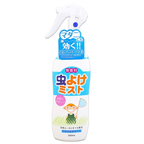 ◆商品名：お肌にやさしい 虫よけ ミスト 無香料 天然ユーカリオイル配合 200mL 虫除け 原産国:日本 内容量:200ml パッケージサイズ (幅×奥行×高さ):78mm×35mm×212mm 特徴:お肌にやさしい虫よけミストです。天然のユーカリオイル配合で爽やか。心地よく虫からお肌をガードします。 マダニにも効果があります。 商品の説明 お肌にやさしい虫よけミスト 無香料 天然ユーカリオイル配合 200mL ご注意（免責）＞必ずお読みください ご注意（免責）＞ 必ずお読み下さい 在庫完売の際は、お取寄せ又はキャンセルとなる場合がございます。また、Amazon配送予定日と弊社商品お届け予定日は異なる場合もございますので予めご了承下さい。 商品は予告なくパッケージ変更の場合もあります。※お客様都合によるご返品はお受けできません