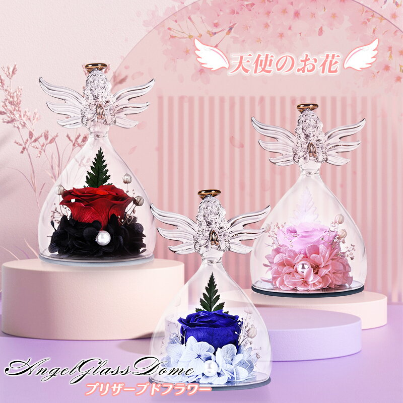 ＼10%OFFクーポン★8/10限定／プリザーブドフラワー エンジェルガラスドーム プレゼント ギフト 結婚記念日 結婚式 退職祝い 還暦祝い お祝い お返し バラ 花 おしゃれ インテリア 人気 女性 彼女 母親 お悔やみ プリザーブドフラワーのサムネイル