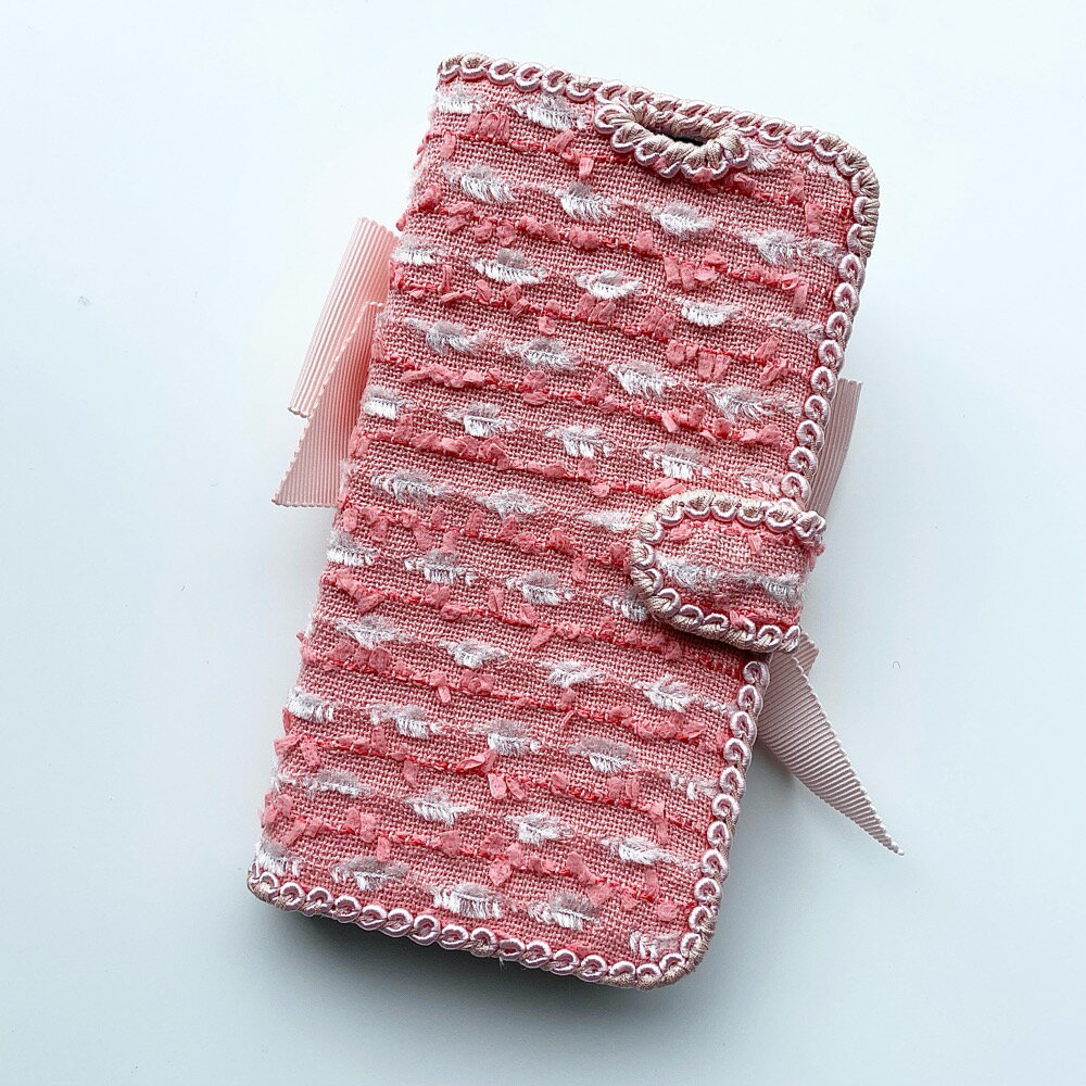リボンパール付き全機種対応Hime.リントンツイードイニシャルリボン手帳型スマホデビューケースデコ電携帯デコiphone11/11pro/11proMAX/6/7/8/X/Xs/Xr/XsMAX/新SEケースブランドツイードアイフォーン可愛いケースリボンスマホカバーシャネル御用達ツイード