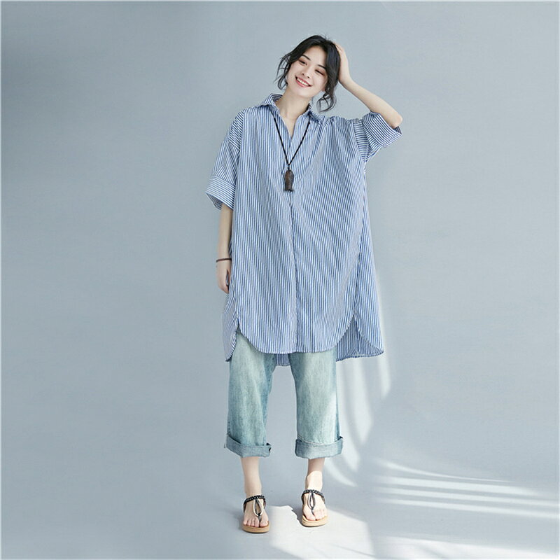 【夏人気再販SALE価格3280円！】チュニック シャツ ストライプ ロングシャツ レディース シャツワンピース 七分袖 折り襟 アシンメトリー チュニックワンピース シャツ ロング 春夏 秋 大きいサイズ 不規則裾 開襟 前開き ゆったり 羽織り ポレロ himeru1999-10002385 ヒメルストア サンプル画像3