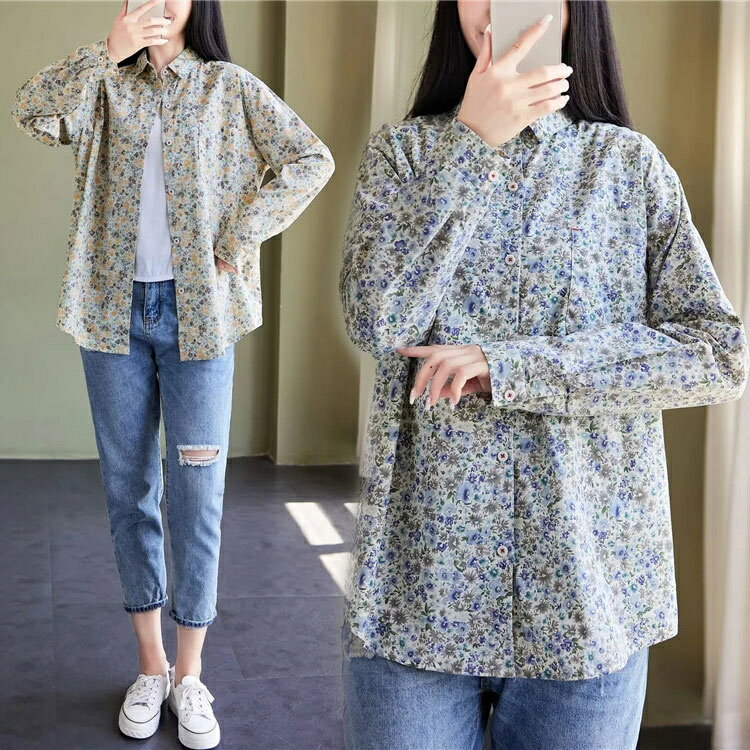 花柄 シャツ 綿 レディース 長袖 花柄シャツ 春 秋 折り襟 長袖シャツ 全開 フラワー 綿シャツ