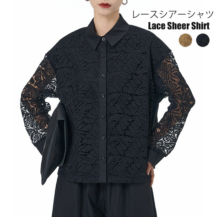 シアーシャツ レディース レース 長袖 トップス シャツ ブラウス シアー 透け感 透かし彫り 長袖シャツ 長袖ブラウス シアートップス レースブラウス レースシャツ 折襟 襟付き ゆったり おしゃれ きれいめ フォーマル 通勤 カジュアル 大人 30代 40代 黒 ブラック カーキ
