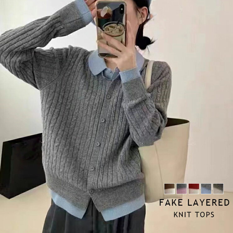 重ね着しているように見えるデザインが魅力のニットトップス。 襟・袖口・裾にポロニットを合わせたようなディテールあしらい、 シンプルながらも一枚でこなれたスタイオルを演出します。 【商品情報】 ■サイズ(cm) 表示サイズ：F 総丈 54 バ...