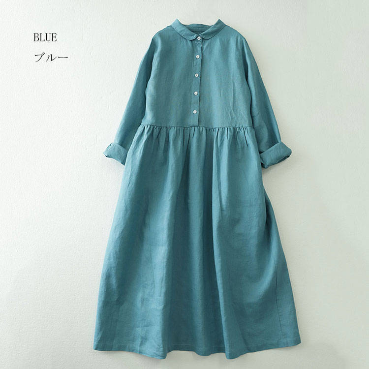 シャツワンピース ロング丈 長袖 リネン風ワンピース プルオーバー レディース ロングワンピース 前ボタン留め 折り襟 ウエストタック ワンピース ゆったり シャツワンピ リネンワンピ ベルト付き フレア マキシワンピース 春秋 20代 30代 40代 himeru1999-10000975 ヒメルストア サンプル画像2