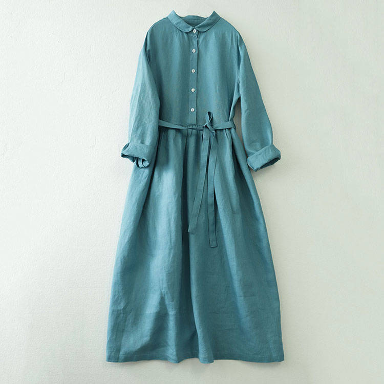 シャツワンピース ロング丈 長袖 リネン風ワンピース プルオーバー レディース ロングワンピース 前ボタン留め 折り襟 ウエストタック ワンピース ゆったり シャツワンピ リネンワンピ ベルト付き フレア マキシワンピース 春秋 20代 30代 40代 himeru1999-10000975 ヒメルストア サンプル画像3