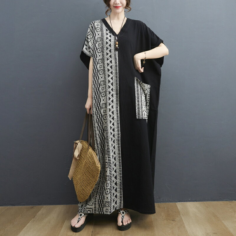 ワンピース 春 夏 きれいめ 半袖 tシャツワンピース エスニック Vネック ドッキン...