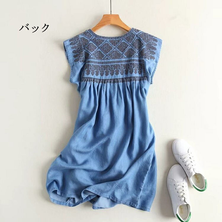 デニム ワンピース 大きいサイズ チュニックワンピース ノースリーブ フレンチスリーブ 半袖 タック ギャザー エスニック 薄手 柔らかい 刺繍 大人可愛い ブラウス チュニック シャツ クルーネック 着心地がいい おしゃれ 春 夏 トップス レディース S M L
