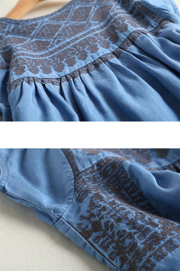 デニム ワンピース 大きいサイズ チュニックワンピース ノースリーブ フレンチスリーブ 半袖 タック ギャザー エスニック 薄手 柔らかい 刺繍 大人可愛い ブラウス チュニック シャツ クルーネック 着心地がいい おしゃれ 春 夏 トップス レディース S M L