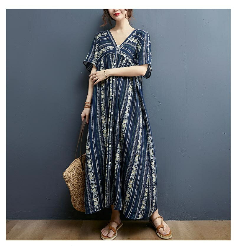 ロングシャツワンピース 半袖 シャツワンピース ストライプ柄 ワンピース ロングシャツ ボタン止め 全開 ワンピース フレンチスリーブ ゆったり Vネック 前開き ビーチワンピース お出かけ 旅行 エスニック風 総柄 オシャレ カジュアル風 可愛い フレア