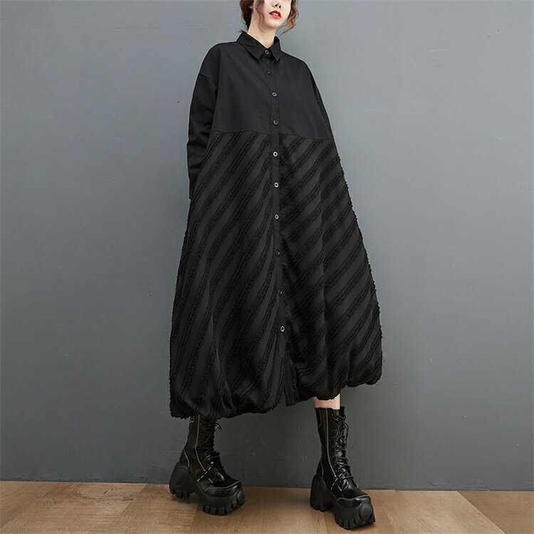 ワンピース 黒 ロング シャツ ストライプ シャツワンピース マキシワンピース 折り襟 ボタン 前開き 開襟 ワンピース コクーン 丸み ロング丈 着痩せ 体型カバー 羽織 ロング カーディガン 大きいサイズ 長袖シャツ ブラック 大人 可愛い 送料無料