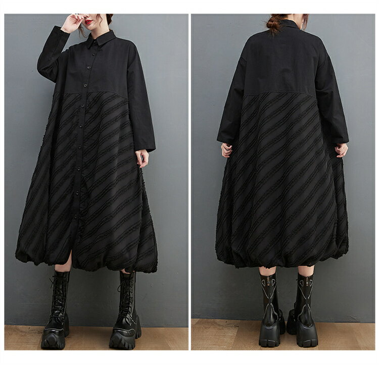 ワンピース 黒 ロング シャツ ストライプ シャツワンピース マキシワンピース 折り襟 ボタン 前開き 開襟 ワンピース コクーン 丸み ロング丈 着痩せ 体型カバー 羽織 ロング カーディガン 大きいサイズ 長袖シャツ ブラック 大人 可愛い 送料無料