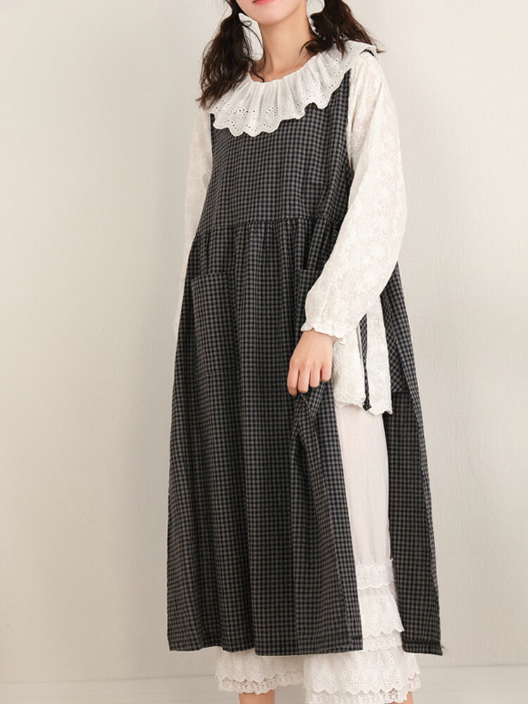 チェック柄 リボン ロングワンピース レディース きれいめ ジャンパースカート 春 プリーツワンピース aラインワンピース ブルー フレアワンピース ミモレ丈 ワンピース ノースリーブワンピ ロング ノースリーブ プリーツ ギャザー ラウンドネック ポケット付き 体型カバー