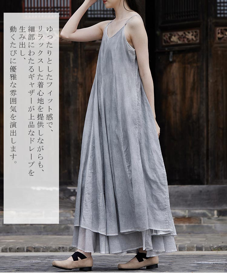 キャミソールワンピース ロング 夏 レディース 肩紐付き 調節可能 大きいサイズ 透けない ギャザー ワンピース 着回し フレアワンピース コットン ロングワンピース Vネック ジャンパースカート ゆったり マキシ丈ワンピース 春 キャミワンピ 通気性良い 送料無料