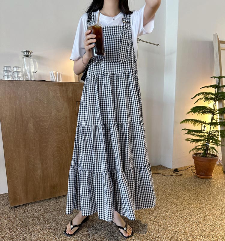 ジャンパースカート サロペット レディース 春 夏 スカート ジャンスカ ワンピース オールインワン チェック柄 秋 ノースリーブ ティアードワンピース ロング丈 ゆったり 体型カバー 可愛い 大きいサイズ おしゃれ ゆったり カジュアル ナチュラル 着痩せ リゾート