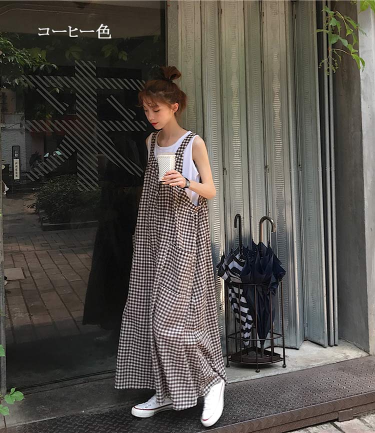ロングパンツ レディース 春夏 スカーチョ リネン チェック柄 クルーネック ギャザ...
