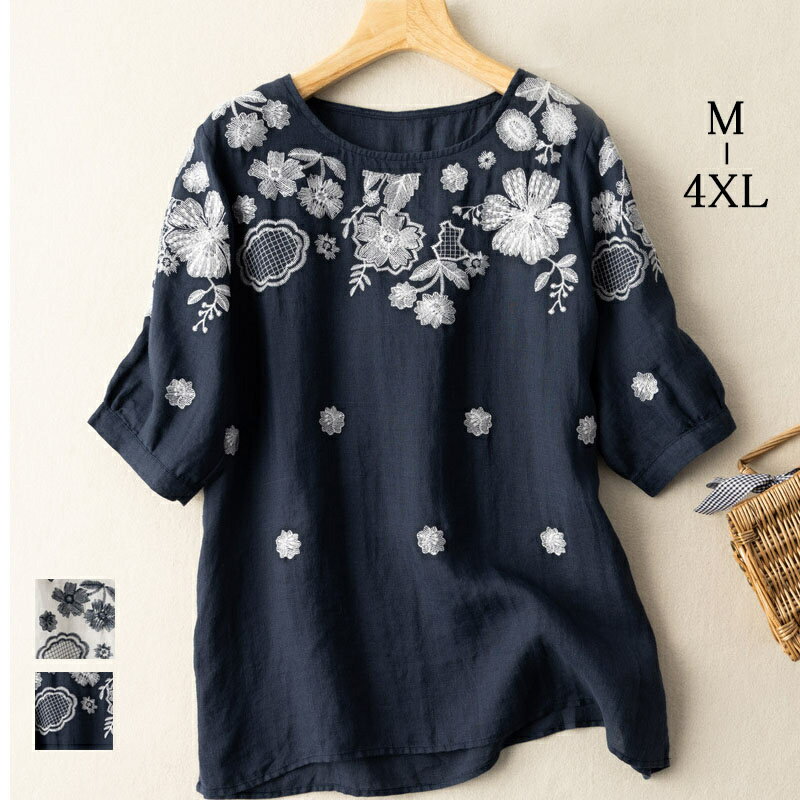 綿 ブラウス レディース 五分袖 綿混紡 白 シャツブラウス 薄手 白ブラウス 刺繍 ボタニカル コットン エスニック プルオーバー フラワー 花柄 トップス 春夏 秋 Tシャツ 可愛い オーバーサイズ シンプル カジュアル風 おしゃれ M L XL 2XL 3XL 4XL送料無料 ヒメルストア