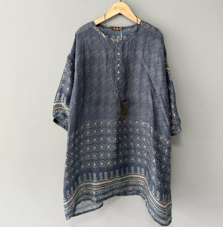 チュニック 半袖 大きいサイズ レディース 春夏 ブラウス チュニックワンピース トップス ロングシャツ ロング丈 プリント ラウンドネック ボタン シャツブラウス 七分袖 ゆったり ボリューム袖 体型カバー 涼しい 薄手 レトロ シンプル 大人可愛い お洒落 通学 お出掛け