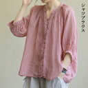 シャツブラウス Tシャツ ブラウス 夏 夏服 綿 薄手 プルオーバー レディース トップス Vネック クルーネック 半袖 パフスリーブ 体型オーバー オシャレ きれいめ カジュアル風 ゆったり 送料無料(4)