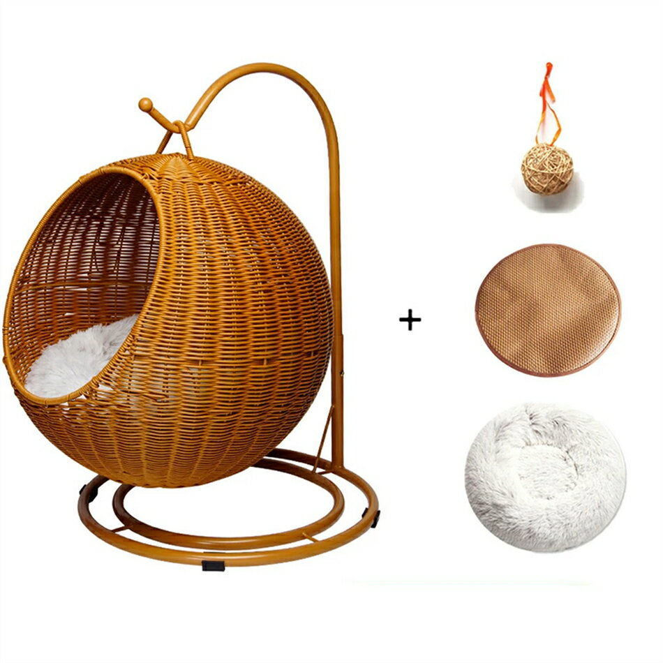 猫 ベッド ラタン 夏用 ペットベッド 4点set ドーム型 猫ハンモック ペットベッド 猫ちぐら風 ペットマ..