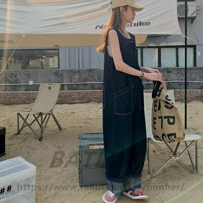 オールインワン サロペット デニム レディース パンツ カジュアル おしゃれ 体型カバー ジャンプスーツ オーバーオール ワイドレッグ ゆったり ルーズ ロング丈 シンプル かっこいい オールシーズン ブルー 春 夏 秋 冬 20代 30代 40代 50代