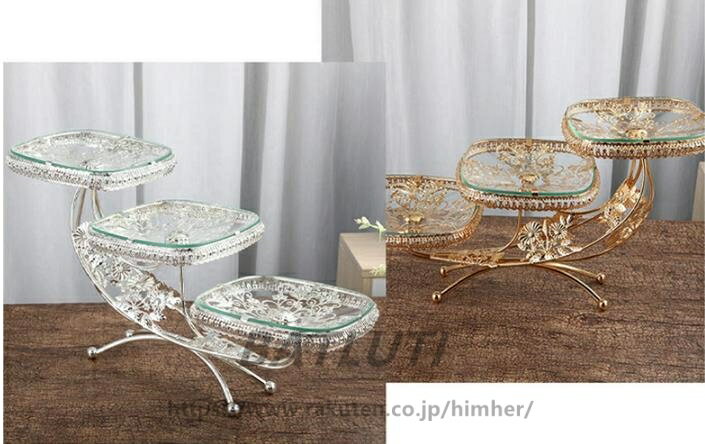 フルーツプレート フルーツ皿 果物皿 3段 デザート展示台 透明ガラス 方形 北欧風 金花彫刻 アフタヌー..
