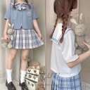 レディース セーラー服 半袖 上着+リボン+スカート 上下セット 女子制服 JK制服 コスプレ 可愛い レディース 衣装 学園祭 コスチューム衣装 ブルー ホワ...