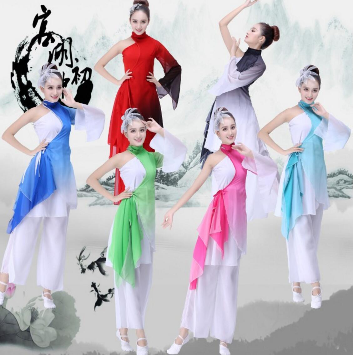 乐天商城 - 華ダンス衣装 グラデーション 中国古典舞踊ダンス衣装3点セット シンプル肩 ワンショルダー ロングトップス ＋ガウチョパンツ インナーワンピース 袖フリル チャイナ風民族ダンス 古典バレエ衣装 モダン ダンス ファダンス カンフー衣装 送料無料