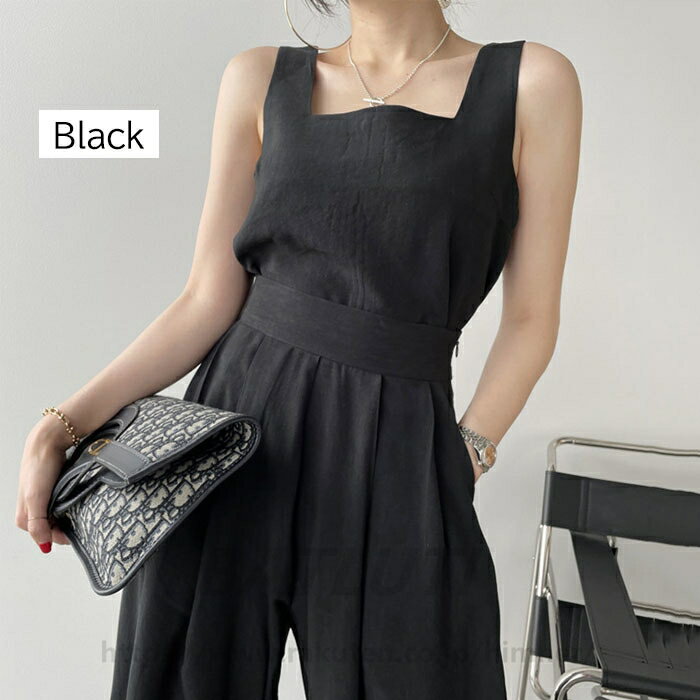 キャミソール タンクトップ 上下セット ワイドパンツ ハイウェスト ノースリーブ サロペット風 ロング丈 ノースリーブ 夏ワンピース リゾート キュート マキシワンピ ワイドパンツ オーバーサイズ ゆったりめ 大人可愛い ベージュ ブラック Aライン